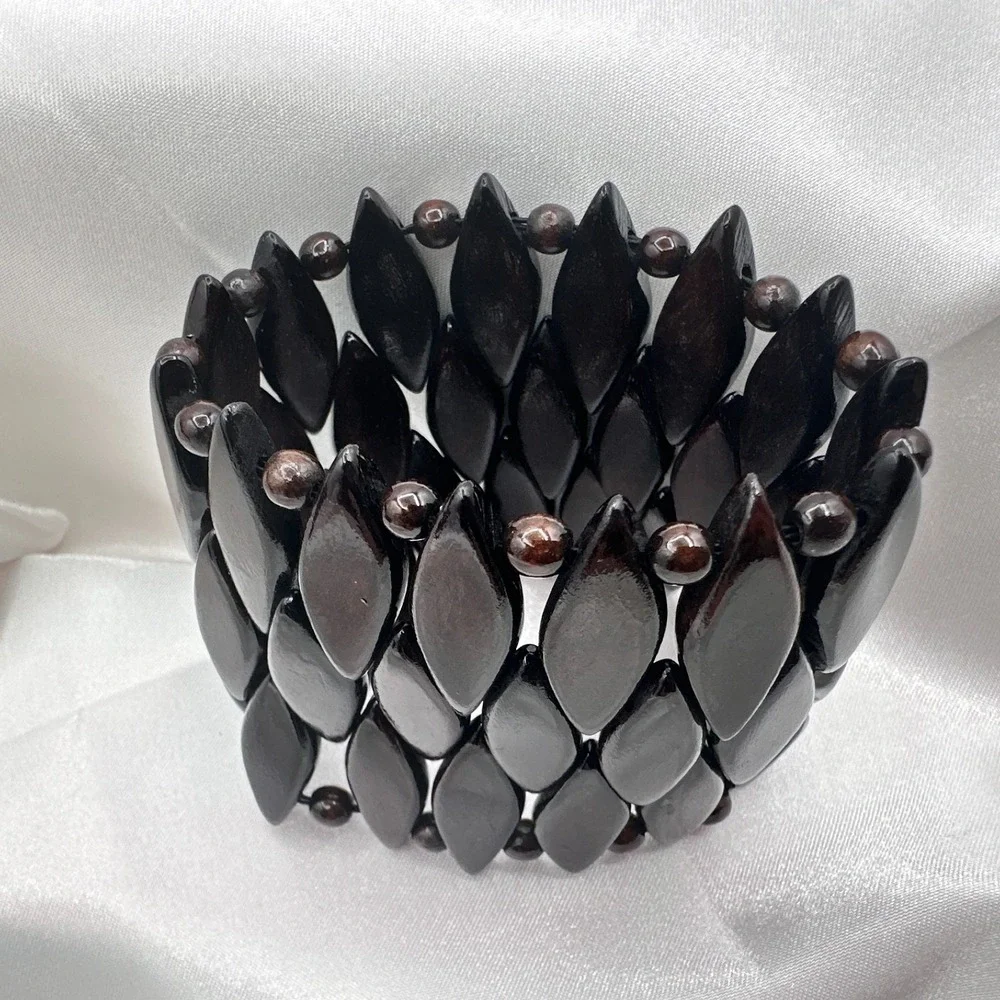 Vintage 90s Brown Wood Bead Stretch Cuff Bracelet Boho Jewelry